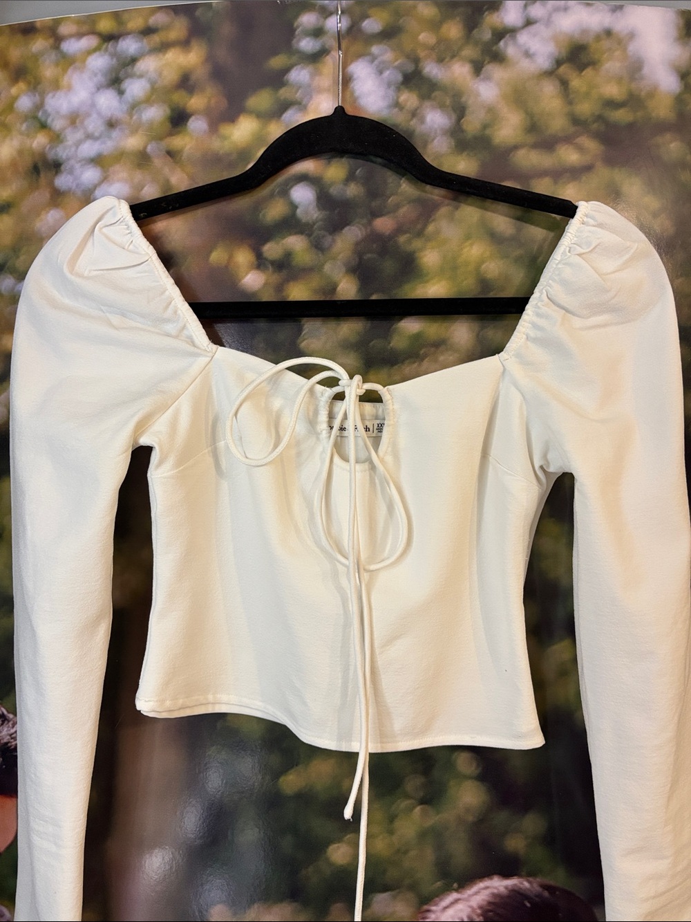 Abercrombie & Fitch Cream Puff-Sleeve Tie-Front Long Sleeve Top